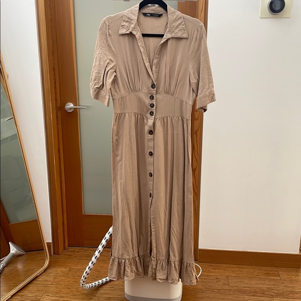 Zara Tan Button-Down Dress with ruffle hem